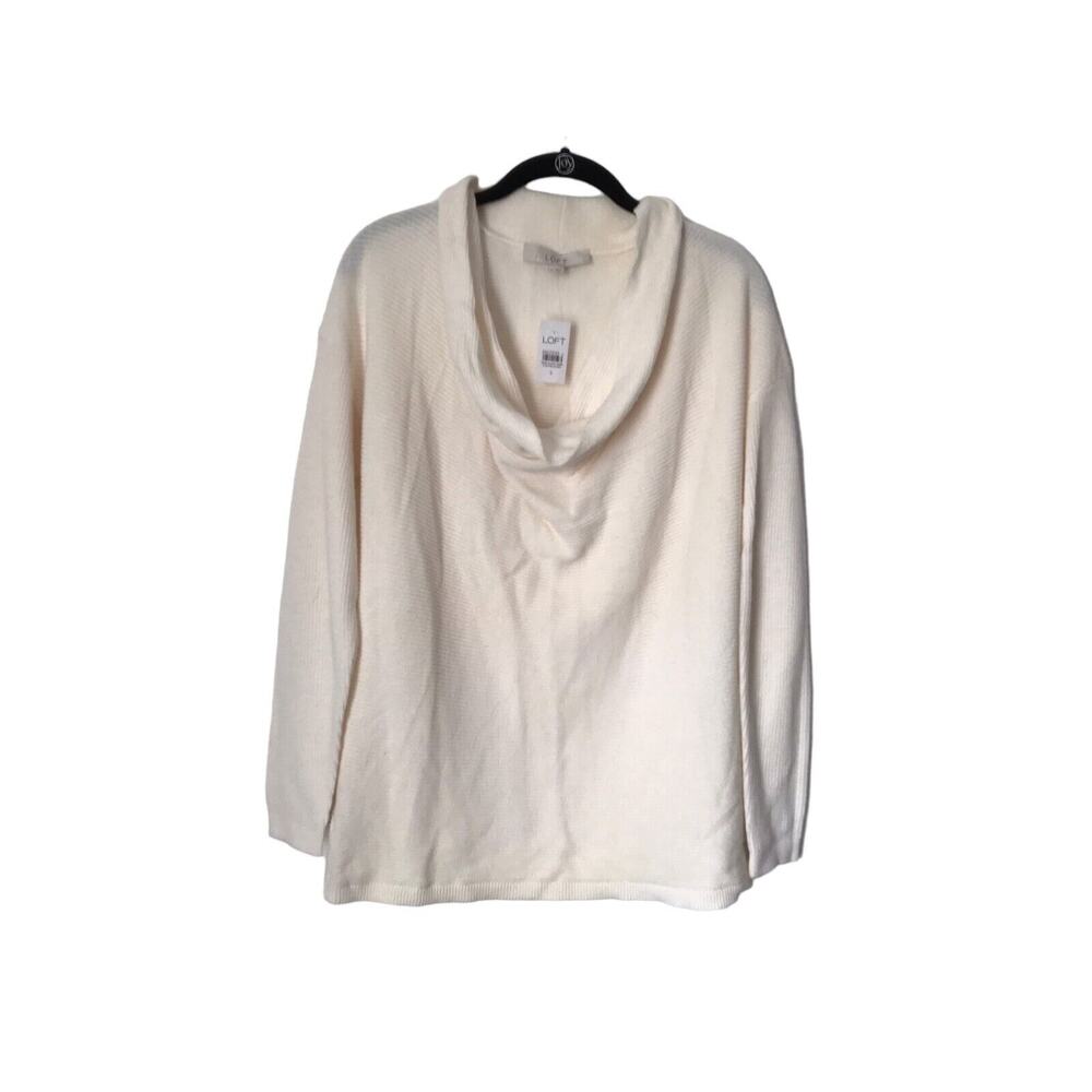 Ann Taylor Loft Sweater Size‎ S Ivory Ribbed Draped Neck Wool Blend Long Sleeve